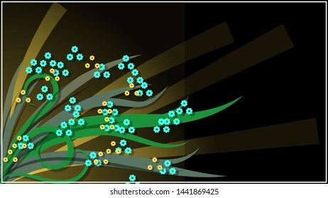 small blue and yellow flowers, overlapping each other long leaves in shades of green in a white frame on a black background with a glow effect. 3D effect art wallpaper. vector