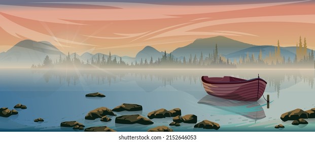 Small boat and  beautiful mountain lake in national park in the summer time. 