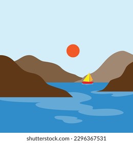 small boat between mountains and lakes vector illustration