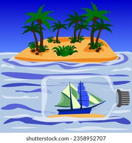a small boat in a bottle was lost in the ocean, there was only an uninhabited island with palm trees and coconuts nearby