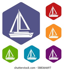 Small boat icons set rhombus in different colors isolated on white background
