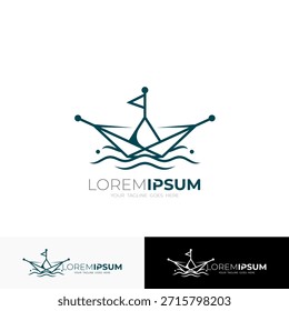 logotipo de barco pequeno no meio do oceano, design estilo linha