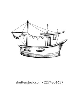 A small boat with a mast and folded sails. Isolated object drawn by hand in graphic technique. Vector illustration for summer, nautical and beach decoration and design.