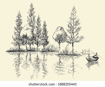 Small boat on calm water, lake drawing, sketched border of trees in the background