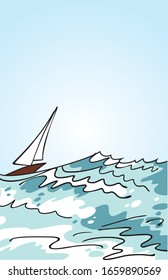 Un pequeño barco con vela flota en mar abierto sobre las olas