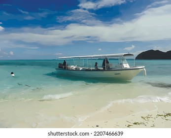 Small boat at the sandy coast of a sea in Palau. Sunny day view. Vector image.