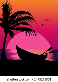 Small boat standing on the beach at sunset