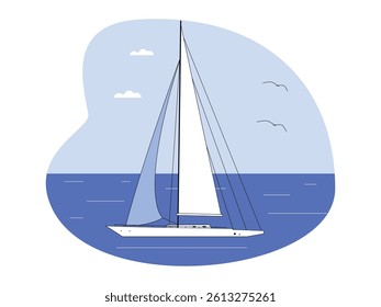 Small boat using big sail for maximum sailing, with blue sky background, yacht vector illustration.