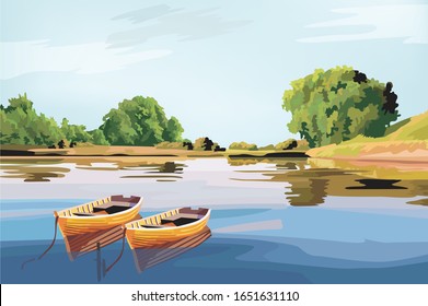 Small boats and beautiful lake in the summer time
