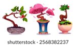 Small bonsai garden set with decorative elements - curved trunk trees in decor pots with pink caps, green foliage, crimson berries and flowers. Traditional Japanese interior design nature plant.