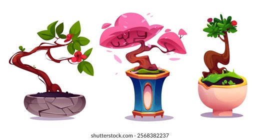 Small bonsai garden set with decorative elements - curved trunk trees in decor pots with pink caps, green foliage, crimson berries and flowers. Traditional Japanese interior design nature plant.