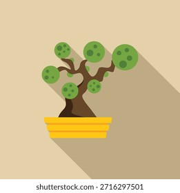Pequeño árbol de bonsái con hojas verdes redondas que crecen en una maceta amarilla, diseño plano con sombra larga
