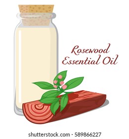 A small bottle filled by essential oils of rosewood