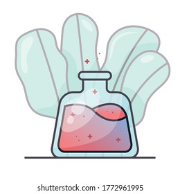 A small bottle or flask with a gradient color liquid. Vector icon with plant leaves on the background.
