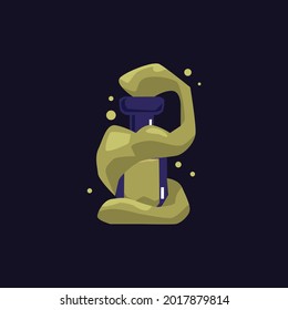 Small bottle with green poison potion with smoke coming out and wrapping around. Evil magic elixir in open vial - vector illustration isolated on black background.