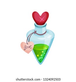 Small bottle with love potion, shiny lid in shape of heart. Green magic elixir. Cartoon vector icon