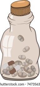 Small bottle with a medicine and tablets.Cartoon