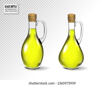 Small bottle of olive oil with cork stopper isolated in front of transparent background. Photo-realistic vector, 3d