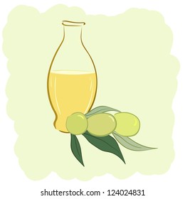 Small bottle of olive oil and two olives, vector illustration