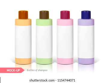 Small bottles of shampoo with label. Mocap for presentation of label design.