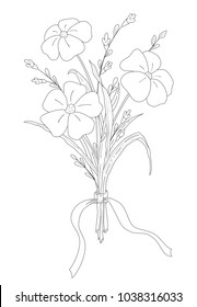 small bouquet of meadow flowers tied with a ribbon, template for coloring and for embroidery