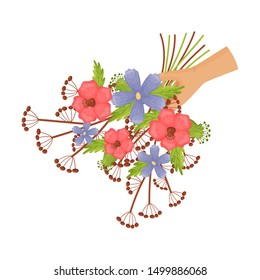 Small bouquet of pink and blue flowers. Vector illustration on a white background.