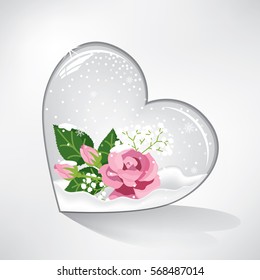 small bouquet of pink rose in heart shape snow globe