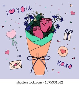 
A small bouquet of roses and other flowers for Valentine's Day. Present, heart, lettering for Valentine's Day. Stock vector illustration. Hand drawn