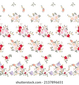 Small bouquets of flowers form a repeating vector seamless pattern. Natural print for fabric with roses on a white background.