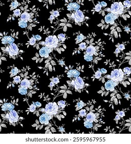 Small bouquets of green, blue, cyan, pink, yellow and red roses with gray toned leaves and stems are arranged on a black background. 