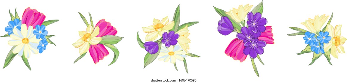 Small bouquets with spring flowers and leaves, set for design greeting cards, invitations, wrapping, covers and any design art
