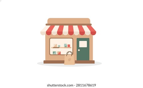 Small boutique shop storefront with red and white striped awning and shopping bag sitting by green door on pavement.