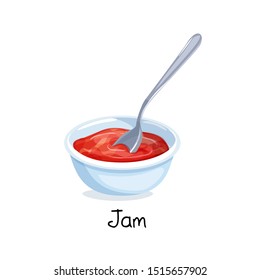 Small bowl of red berry jam, food concept. Vector illustration.