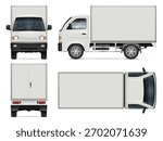 Small box truck vector mockup for corporate identity or vehicle branding. View from the side, front, rear and top. All elements in the groups are in separate layers for easy editing and recolor
