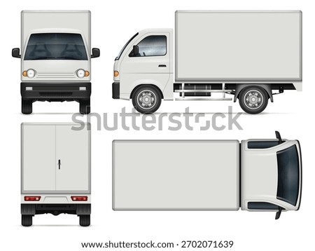 Small box truck vector mockup for corporate identity or vehicle branding. View from the side, front, rear and top. All elements in the groups are in separate layers for easy editing and recolor