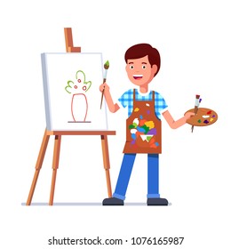 Small Boy Arts Student Kid Painting Flowers Picture Sketch On Canvas Standing On Easel Holding Paintbrush And Palette With Paints. Flat Style Vector Illustration Isolated On White