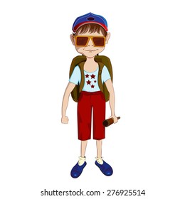 Small boy with big sunglasses, backpack and binoculars