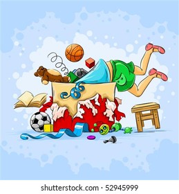 niño pequeño en la caja lleno de juguetes ilustración vectorial