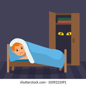 A small boy can not sleep - very afraid of the monster in the closet. Childhood fears. flat vector illustration in a cartoon style