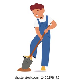 Small Boy Character in Blue Overalls Digs Eagerly, His Shovel Slicing Through The Soil With Determined Strokes, His Face Lit Up With Curiosity And Concentration. Cartoon People Vector Illustration