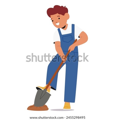 Small Boy Character in Blue Overalls Digs Eagerly, His Shovel Slicing Through The Soil With Determined Strokes, His Face Lit Up With Curiosity And Concentration. Cartoon People Vector Illustration