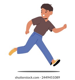 Pequeño Personaje De Niño Corre Alegremente, Sus Pies Apenas Tocando El Suelo, Risas Haciendo Eco A Través Del Aire Con Energía E Inocencia, Aislado Sobre Fondo Blanco. Ilustración vectorial de Personas de dibujos animados