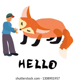 Small boy character hugging a ginger fox. Handwritten lettering with ink brush hello. Vector illustration on white background. 
