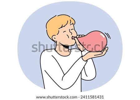 Small boy child blowing balloon. Happy kid have fun prepare for party or celebration with birthday decorations. Vector illustration.