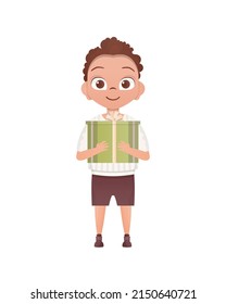 A small boy child is depicted in full growth and holds a gift box in his hands. Birthday, New Year or holidays theme. Cartoon style isolated on white background.