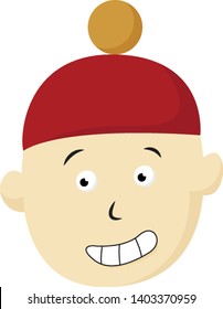 A small boy covered his head with red hat , vector, color drawing or illustration.