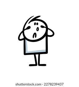 Small boy crying hand drawn in children cartoon style. Vector illustration of poor stickman with tears and bad mood.