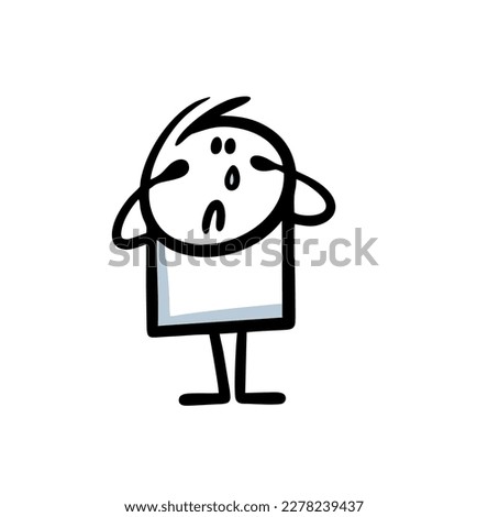 Small boy crying hand drawn in children cartoon style. Vector illustration of poor stickman with tears and bad mood.