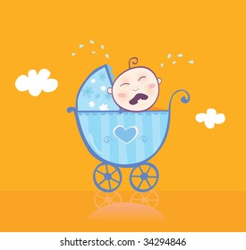 Small boy crying in pram. This sweet baby boy seen unsatisfied. Isn't his new blue pram enough pretty? Vector Illustration.