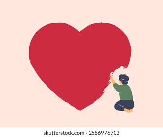 small boy drawing big red heart. childcare and and medical support. Concept of social aid, psychological help, donation and charitable for kids. Vector illustration.